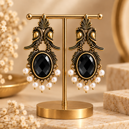 Black Stone Antique Gold Drop Earrings